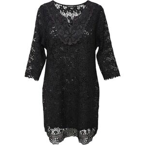 Origami by Vivien Black Floral Crochet Lace Shift Dress V-Neck 3/4 Sleeve Small‎